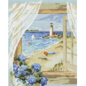 Вид из окна: маяк у моря Алмазная мозаика на подрамнике