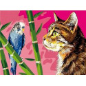Кот и попугайчик Раскраска картина по номерам на холсте