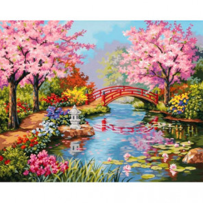 Мост в цветущем саду Алмазная вышивка мозаика Алмазное Хобби