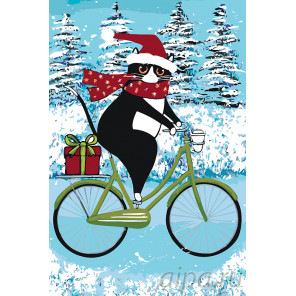 раскладка Кот на велосипеде зимой Раскраска картина по номерам на холсте
