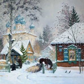  Зима в деревне Раскраска картина по номерам на холсте KH0379