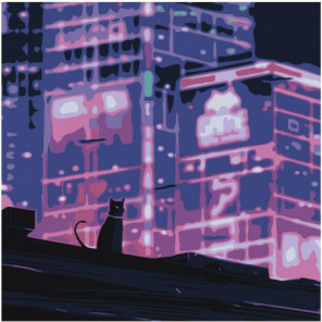 Кошка в неоновом городе 80х80 Раскраска картина по номерам на холсте