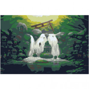 Водопад и домики Раскраска картина по номерам на холсте