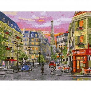 Внешний вид коробки упаковки Парижская улица Картина по номерам на холсте с цветной схемой KK0054