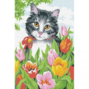 Кот в тюльпанах Раскраска картина по номерам на холсте