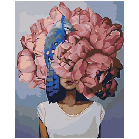 Розовая цветочная голова девушки с птицей 80х100 Раскраска картина по номерам на холсте