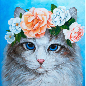 Макет Голубоглазый кот в цветах Алмазная вышивка мозаика Гранни AG2439