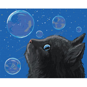  Черный кот и мыльные пузыри Раскраска картина по номерам на холсте AAAA-JV1-100x125