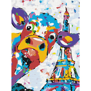 Пример в интерьере Веселый бычок в Париже Раскраска картина по номерам на холсте с неоновыми красками AAAA-RS026