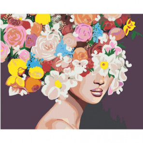 Девушка с пышными цветами на голове 100х125 Раскраска картина по номерам на холсте