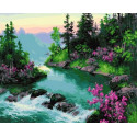 Цветущий берег горной реки Раскраска картина по номерам на холсте