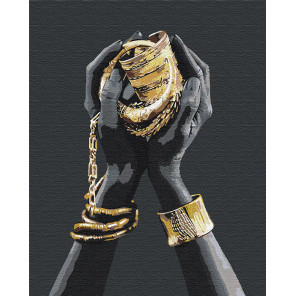Пример в интерьере Золотые украшения в руках / Африканка Раскраска картина по номерам на холсте с металлической краской AAAA-RS
