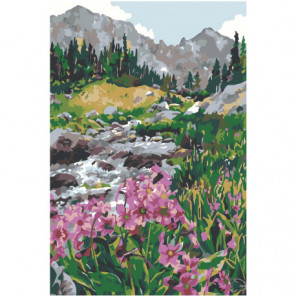 Горная река с цветами 100х150 Раскраска картина по номерам на холсте