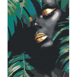 Пример в интерьере Африканка и листья 100х125 см Раскраска картина по номерам на холсте с металлической краской AAAA-RS107-100x