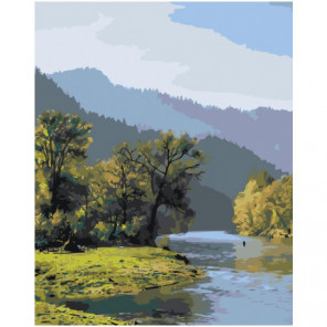 Пейзаж река в горах Раскраска картина по номерам на холсте