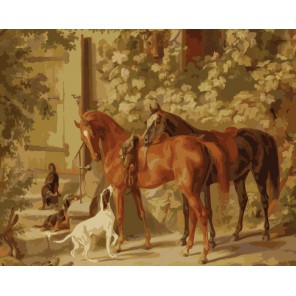 Лошади у крыльца ( художник Адам Альбрехт ) Раскраска (картина) по номерам акриловыми красками на холсте Menglei