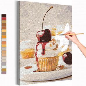 Пример картины и схема Кекс с вишенкой / Десерт / Еда Раскраска картина по номерам на холсте AAAA-RS153