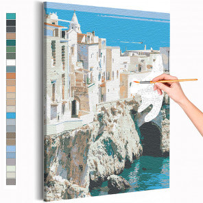 Пример картины и схема Берег Италии / Вилла на море Раскраска картина по номерам на холсте AAAA-RS218