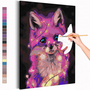 Пример картины и схема Лисенок и гирлянда / Животные Раскраска картина по номерам на холсте с неоновой краской AAAA-RS171