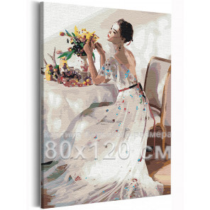 Пример в интерьере Девушка и букет цветов на столе 80х120 см Раскраска картина по номерам на холсте AAAA-RS210-80x120