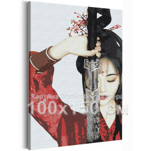Пример в интерьере Девушка в красном кимоно и меч 100х150 см Раскраска картина по номерам на холсте AAAA-RS213-100x150