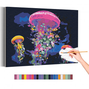  Неоновые медузы / Море Раскраска картина по номерам на холсте с неоновой краской AAAA-RS175