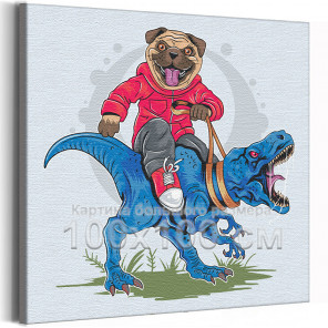 Яркий мопс на динозавре / Собаки / Животные 100х100 см Раскраска картина по номерам на холсте с неоновой краской
