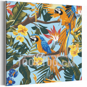  Попугаи в тропиках / Птицы, лето 100х100 см Раскраска картина по номерам на холсте AAAA-V0087-100x100