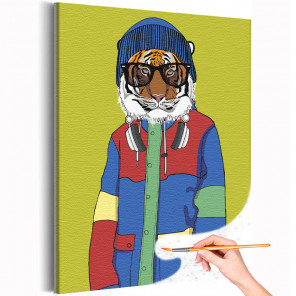  Модный тигр в шапке с наушниками / Животные / Символ года Раскраска картина по номерам на холсте AAAA-V0008