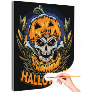 Череп в маске тыквы Happy Halloween Хэллоуин Раскраска картина по номерам на холсте