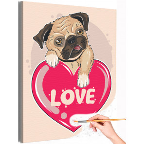 Мопс с сердцем Любовь Собака Пес Животные День влюбленных Раскраска картина по номерам на холсте с неоновой краской