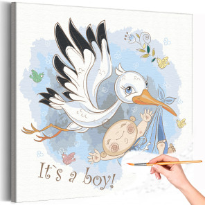 Аист с малышом мальчиком Ребенок Дети Птицы Раскраска картина по номерам на холсте