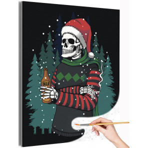  Скелет с пивом зимним вечером / Зима / Новый год Раскраска картина по номерам на холсте AAAA-C0112