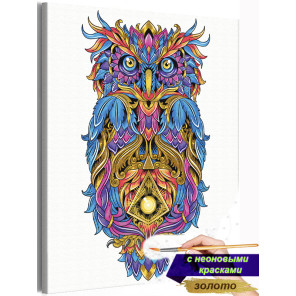Сова с узорными перьями Птицы Раскраска картина по номерам на холсте с неоновой и металлической краской