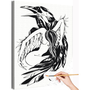 Девушка с вороном Женщина Портрет Птица Черно-белая Раскраска картина по номерам на холсте