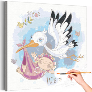 Аист с малышом девочкой Ребенок Дети Птицы Раскраска картина по номерам на холсте