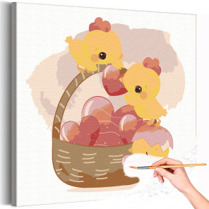 Цыплята и корзина с сердцами Пасха Раскраска картина по номерам на холсте