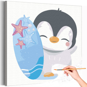 Пингвин с доской для серфинга Раскраска картина по номерам на холсте