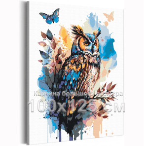 Сова в сумерках Птицы Бабочки Осень Листья Филин 100х125 Раскраска картина по номерам на холсте