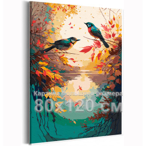Природа на рассвете Осень Птицы Вода Листья Пейзаж Закат Озеро 80х120 Раскраска картина по номерам на холсте
