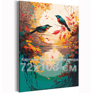 Природа на рассвете Осень Птицы Вода Листья Пейзаж Закат Озеро 72х108 Раскраска картина по номерам на холсте