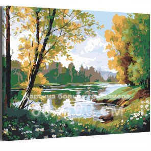 Цветы на берегу реки Пейзаж Лето Природа Лес Интерьерная 80х100 Раскраска картина по номерам на холсте
