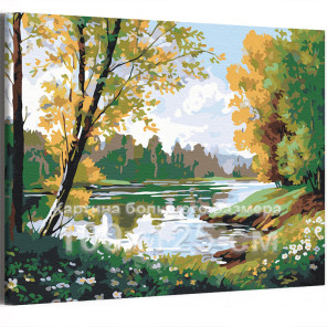 Цветы на берегу реки Пейзаж Лето Природа Лес Интерьерная 100х125 Раскраска картина по номерам на холсте