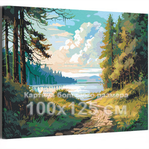 Лето у реки Природа Лес Пейзаж Интерьерная 100х125 Раскраска картина по номерам на холсте