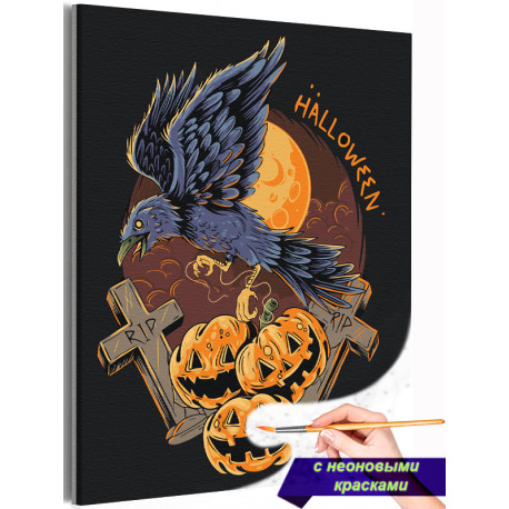 Ворон и тыквы Хэллоуин Happy Halloween Праздник Птицы Ночь Раскраска картина по номерам на холсте
