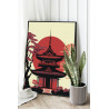 Храм на фоне красного солнца Япония Страны Дом Пейзаж Природа Раскраска картина по номерам на холсте