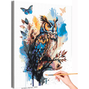 Сова в сумерках Птицы Бабочки Осень Листья Филин Раскраска картина по номерам на холсте