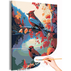 Птицы в осеннем лесу Природа Река Осень Листья Пейзаж Раскраска картина по номерам на холсте