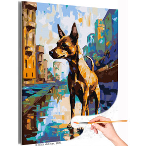 Пинчер на фоне городского пейзажа Собаки Животные Абстракция Интерьерная Раскраска картина по номерам на холсте