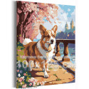 Корги на фоне реки и цветов Собаки Животные Весна Природа 100х125 Раскраска картина по номерам на холсте